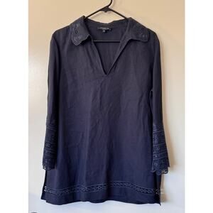 Lafayette 148 100% Linen Embroidered Navy Blue Tunic Size Large